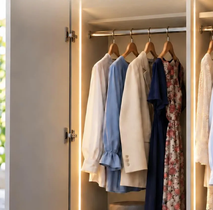 Anta di armadio aperta con la luce LED che si accende all’apertura