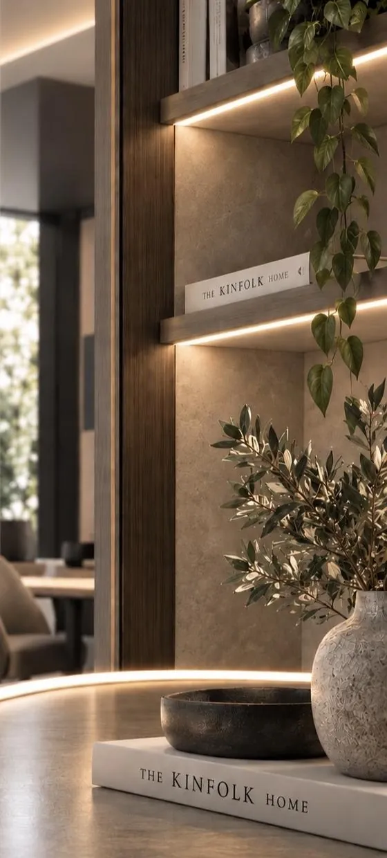 Mensole in legno con luce LED integrata, vasi e piante
